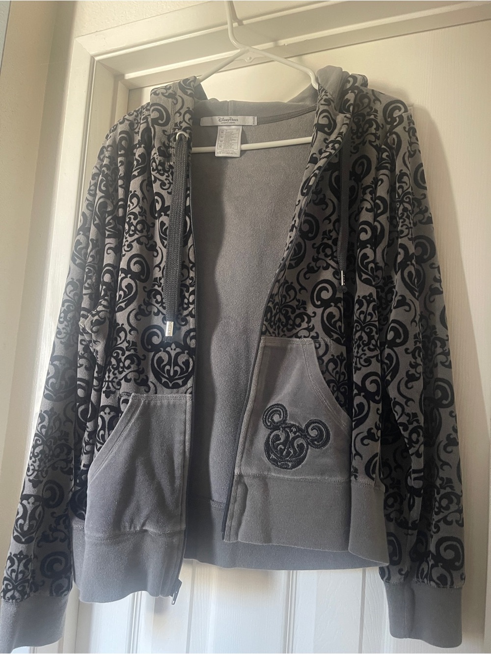 Disney Gray Hooded Zip Cardigan with Black Scroll Pattern and Mickey Accent
